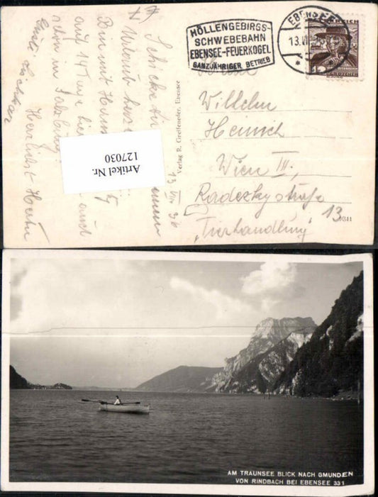 127030,Partie am Traunsee Blick nach Gmunden voin Rindbach Ebensee m. Boot 1930