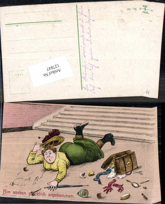 127847,Scherzkarte Juxkarte Humor Willi Scheuermann unsign. Frau fällt hin Soeben glücklich angekommen