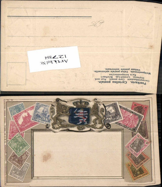 127864,Briefmarken Philatelie Ansichtskarte Zieher 222744 Marken Präge AK Wappen Deutsches Reich