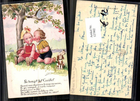 127902,Achille Mauzan sign. Süsse Kinder Hund Kuss