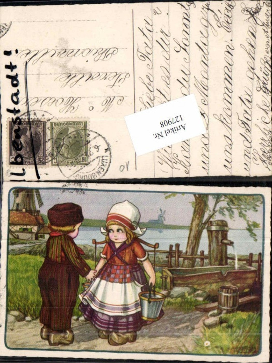 127908,A. Bertiglia Kinder Wasserträgerin Brunnen