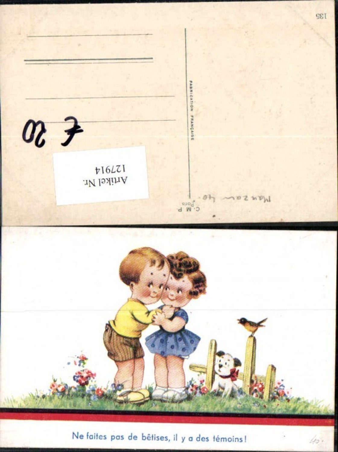127914,Achille Mauzan Künstlerkarte Süsse Kinder m. Hund Vogel Kleid