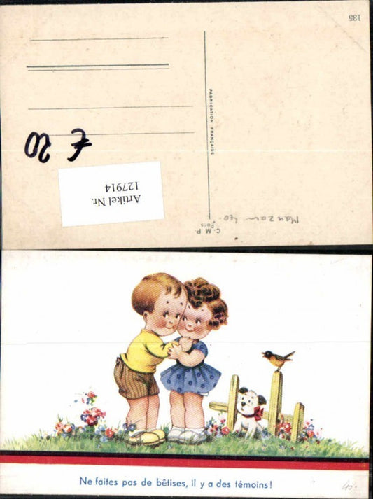 127914,Achille Mauzan Künstlerkarte Süsse Kinder m. Hund Vogel Kleid