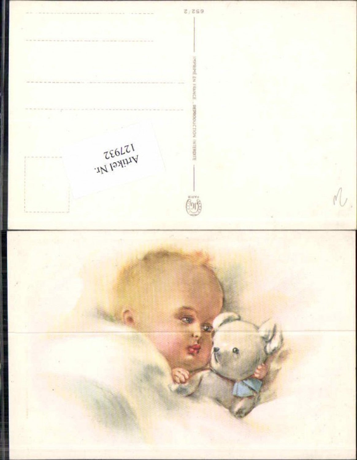 127932,Süsse Kinder Künstlerkarte m. Teddy Teddybär im Bett baby
