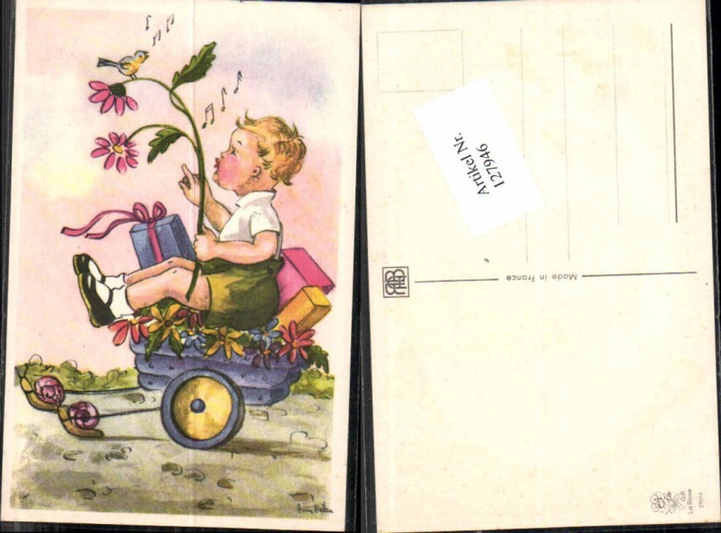 127946,Anna helen Süsse Kinder Künstlerkarte Kind auf Wagen Anhänger Blumen