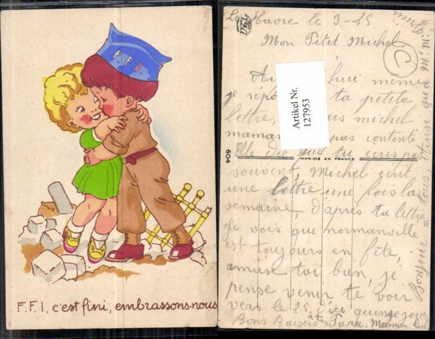 127953,Kindersoldat m. Mädchen Süsse Kinder Künstlerkarte