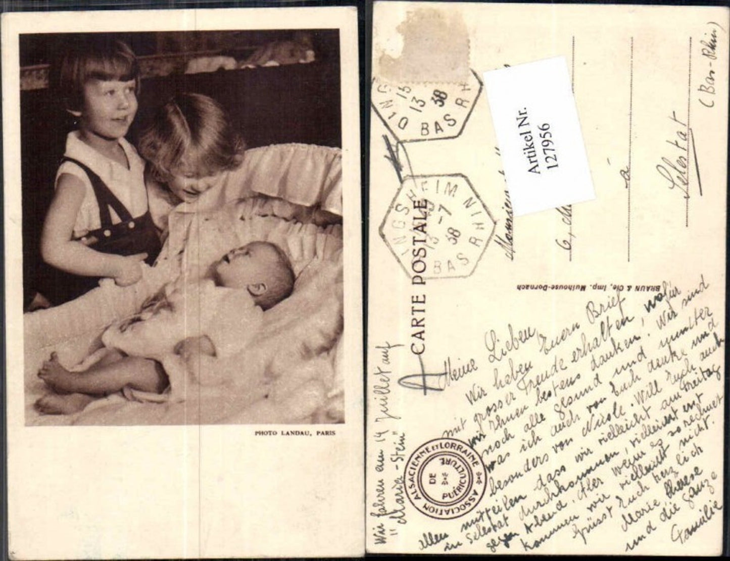 127956,Süsse Kinder Künstlerkarte baby im bett geschwister