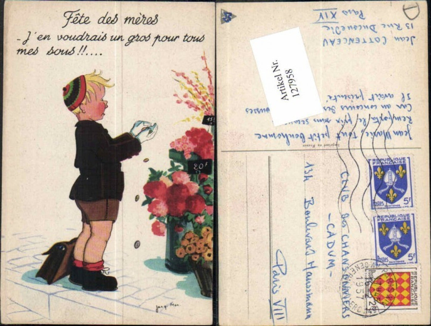 127958,Süsse Kinder Künstlerkarte Blumen sign. Men Jacs