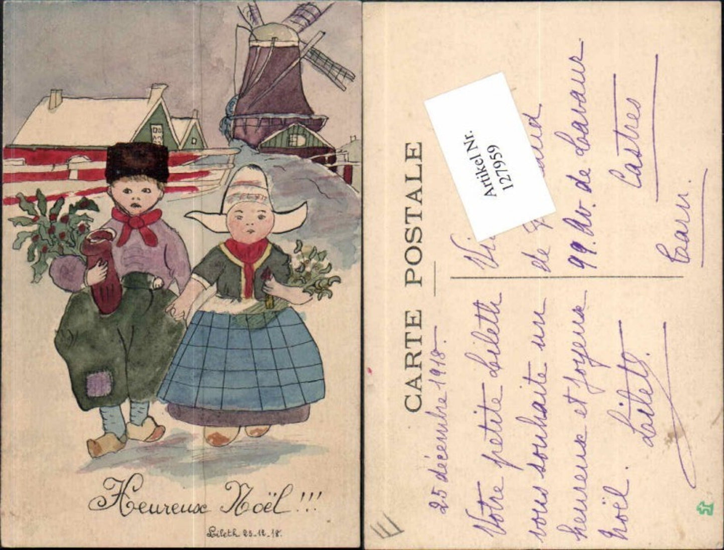 127959,Süsse Kinder Künstlerkarte Windmühle Trachten Tracht Holland Niederlande