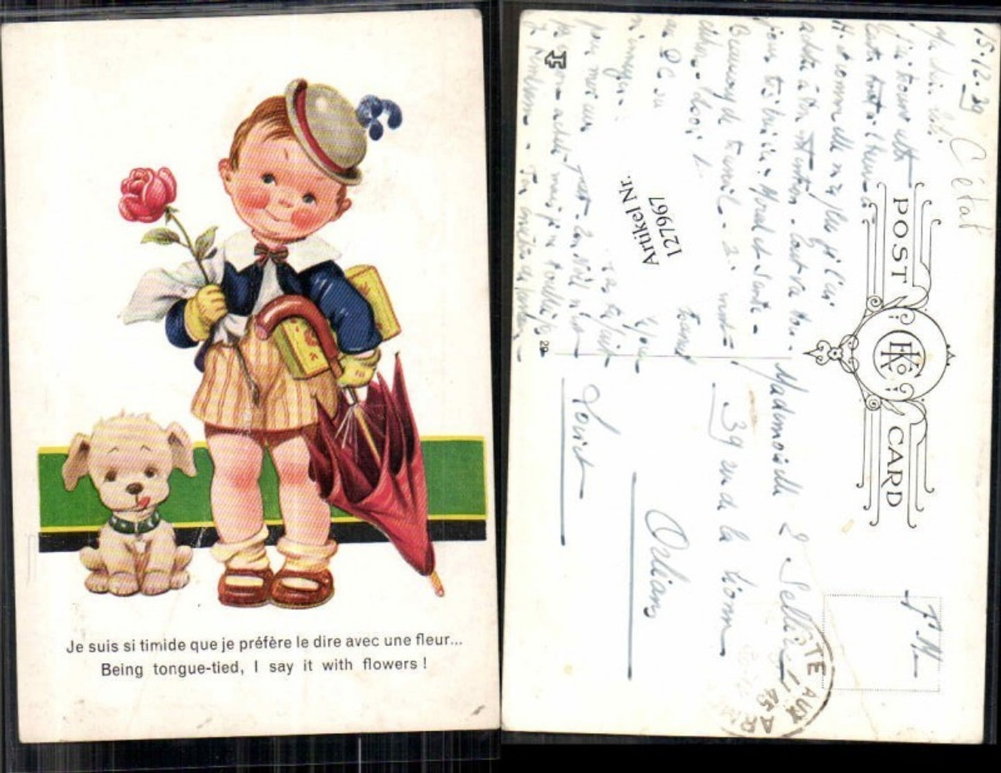 127967,Achille Mauzan unsign. Hund Kind Hut Blume Rose Süsse Kinder Künstlerkarte