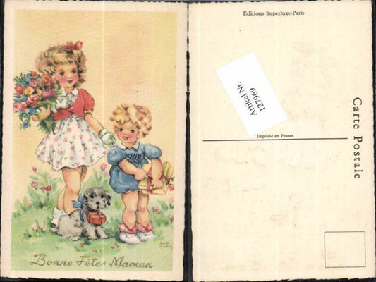 127969,Luce Andre Süsse Kinder Künstlerkarte Kinder Hund Blumen