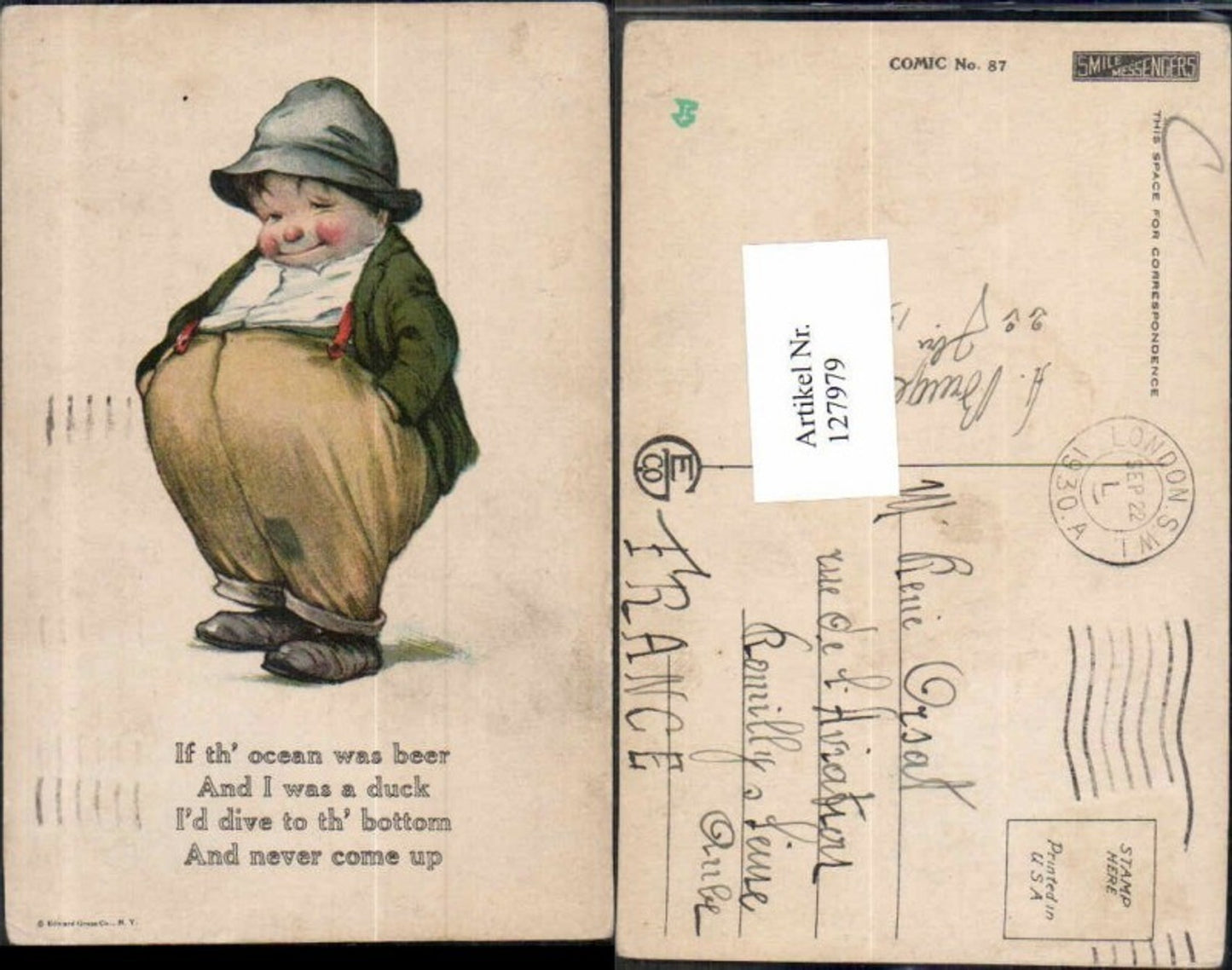 127979,Süsse Kinder Künstlerkarte Dicker Junge m. Hut