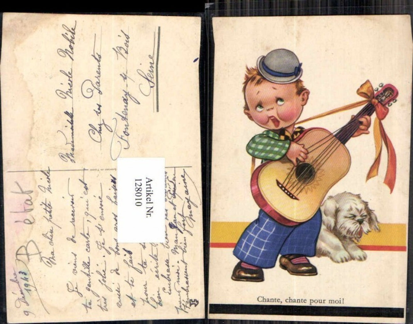 128010,Achille Mauzan unsign. Junge m. Hund Hut Gitarre