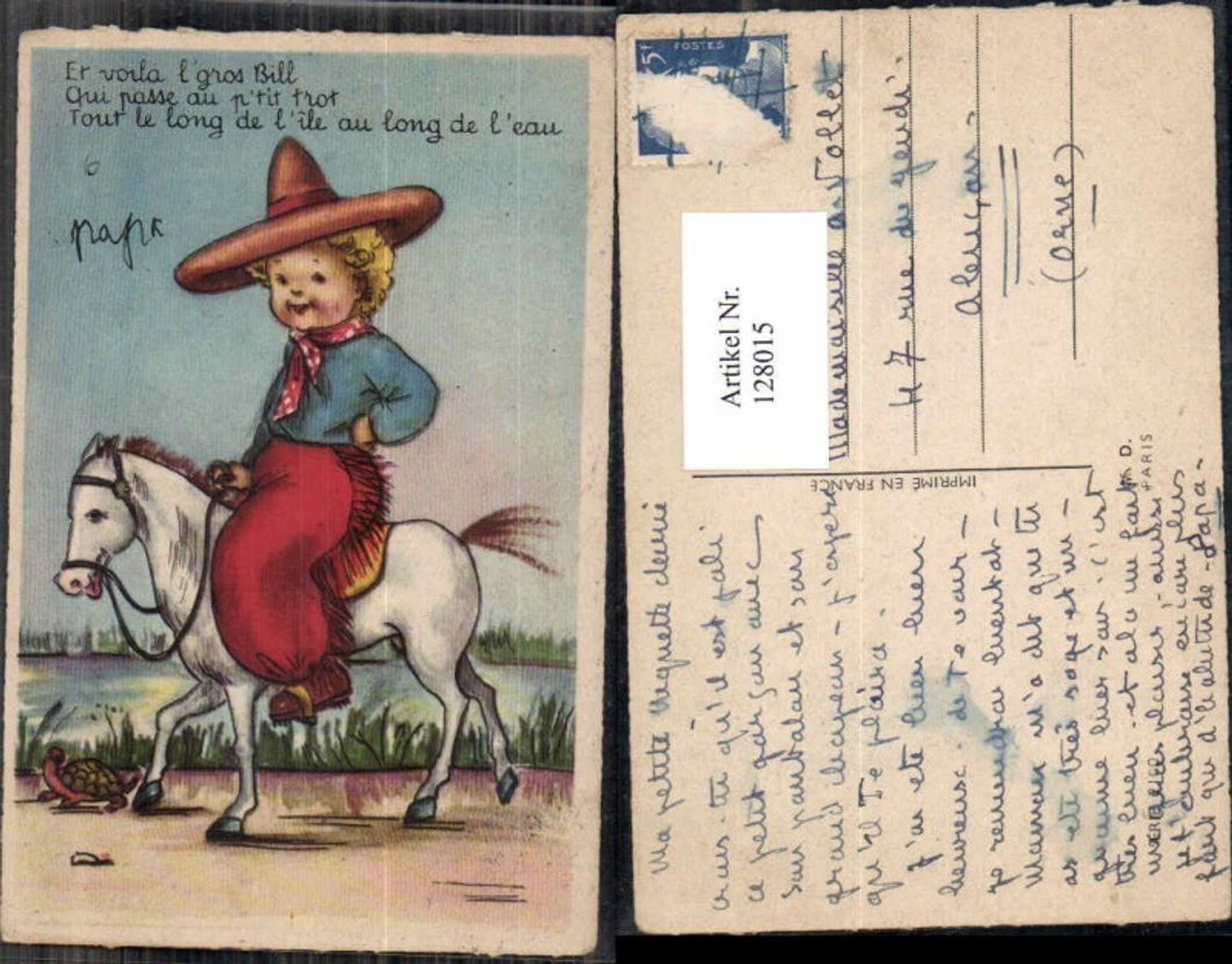 128015,Süsse Kinder Künstlerkarte Kind als Mexikaner Pferd Hut