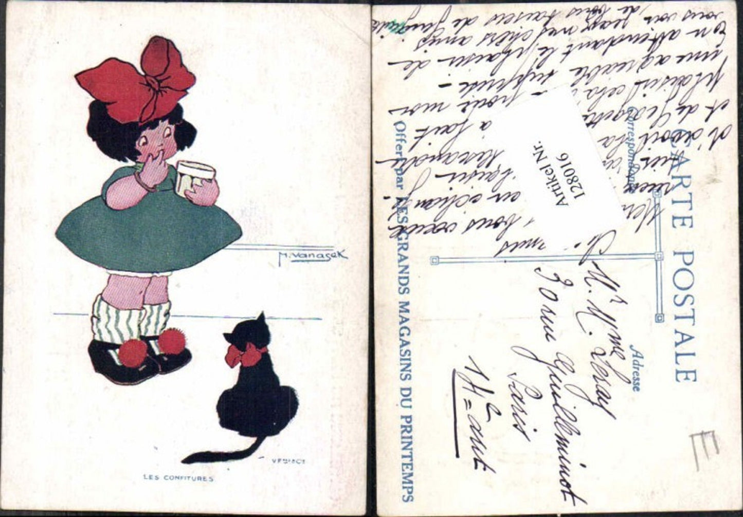 128016,M. Vanasek Süsse Kinder Künstlerkarte Katze Mädchen Kleid
