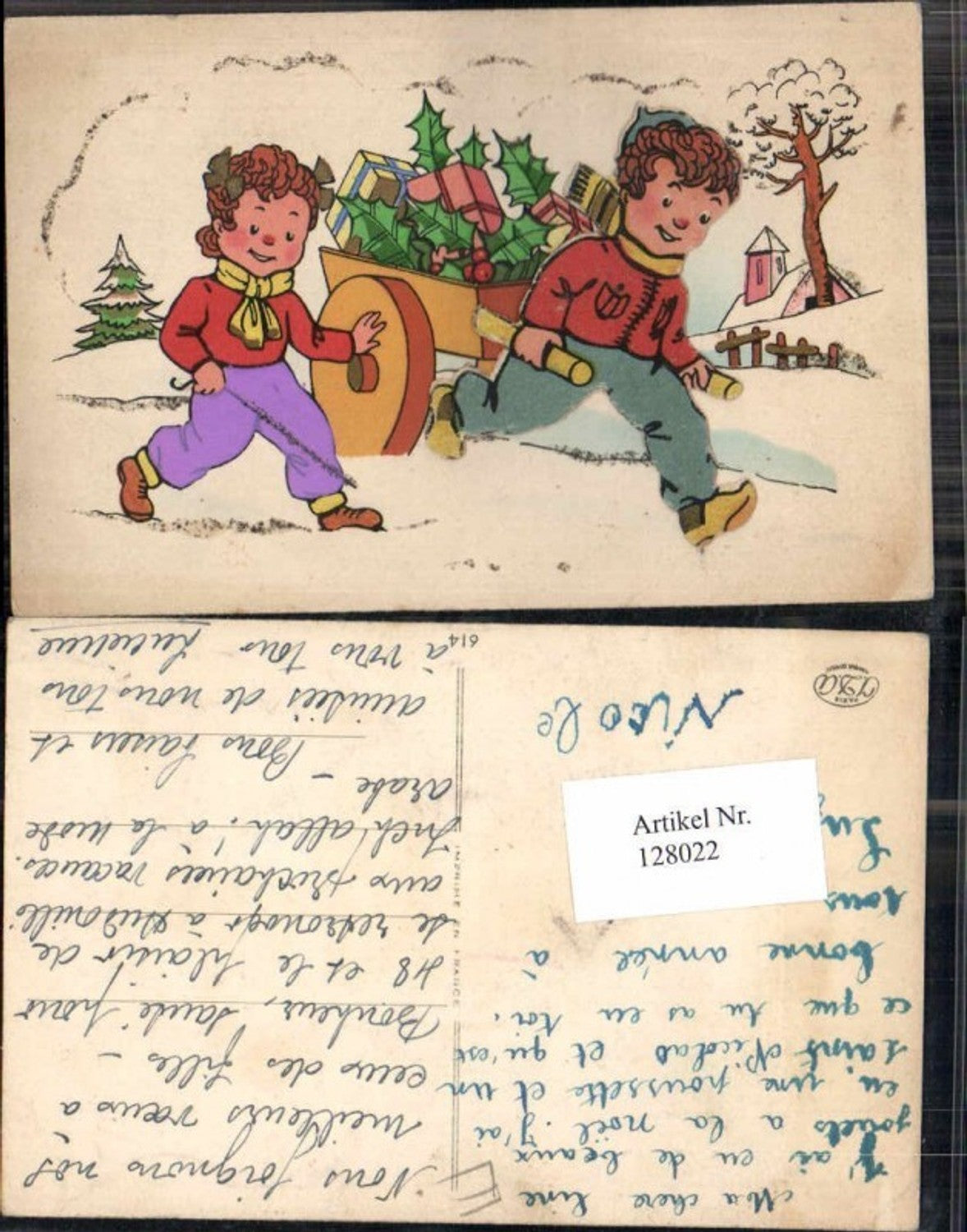128022,Mechanische AK Kinder Weihnachten Karren