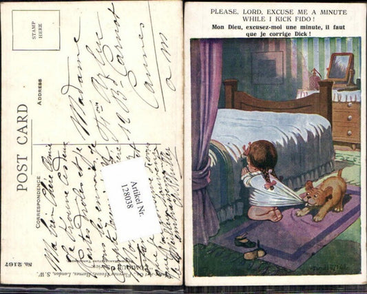 128038,Donald McGill Donald Mc Gill sign. Süsse Kinder Künstlerkarte Hund zieht an Hemd Zöpfe