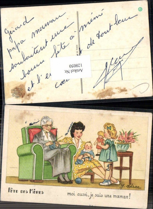 128050,Süsse Kinder Baby m. Puppe Doll Oma strickt stricken Mutter sign. J. Jdrac