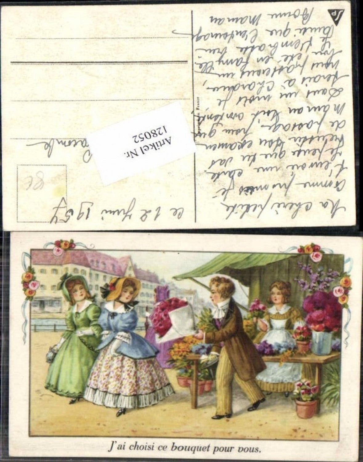 128052,Süsse Mädchen m. Kleider Marktstand Junge bringt Blumen Rosen