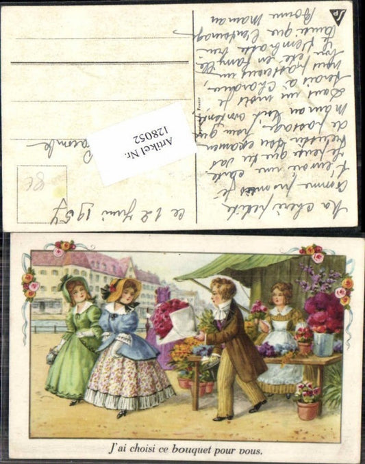 128052,Süsse Mädchen m. Kleider Marktstand Junge bringt Blumen Rosen