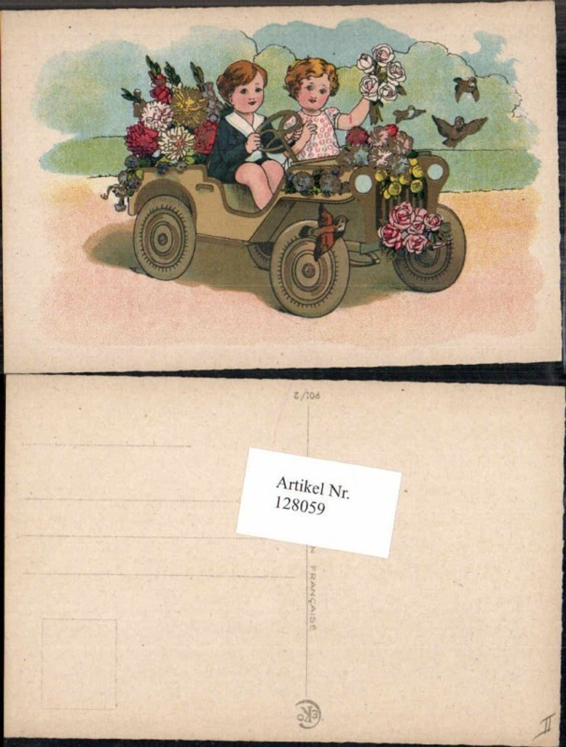 128059,Tolle Karte Süsse Kinder im Auto Oldtimer Blumen Rosen children Car
