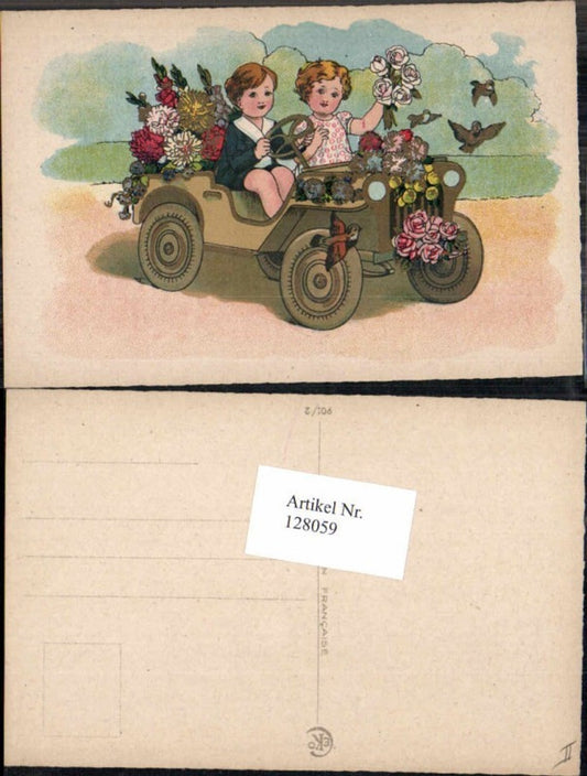 128059,Tolle Karte Süsse Kinder im Auto Oldtimer Blumen Rosen children Car