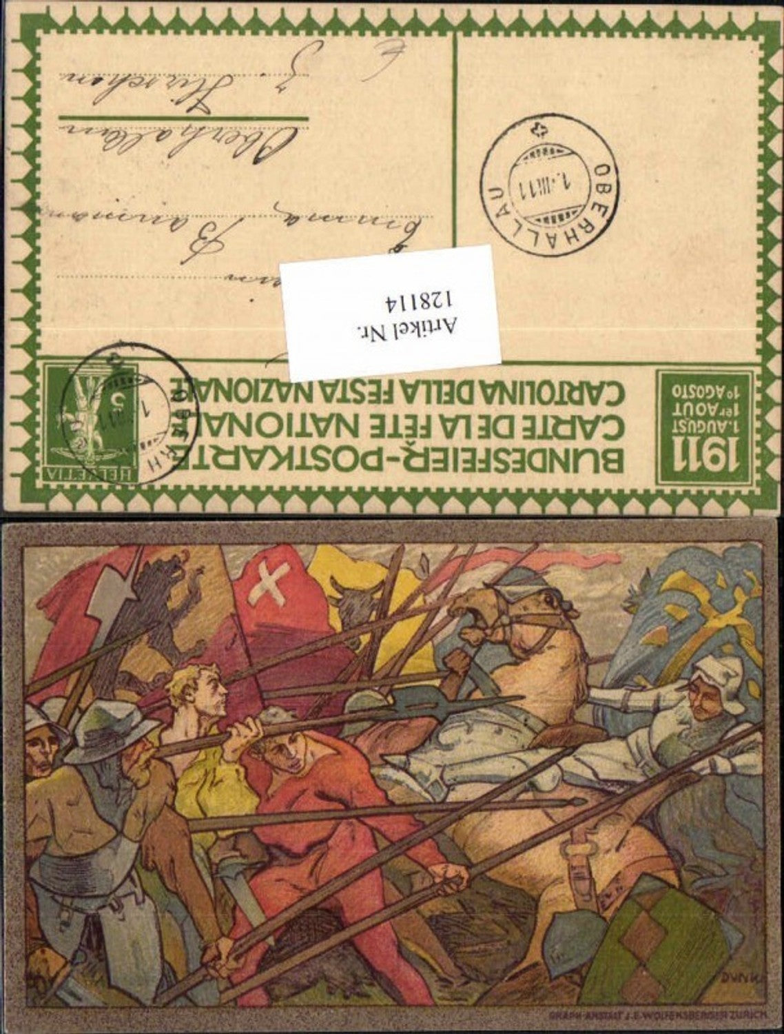 128114,Schweizer Bundesfeier Postkarte 1911 sign. Dunkl