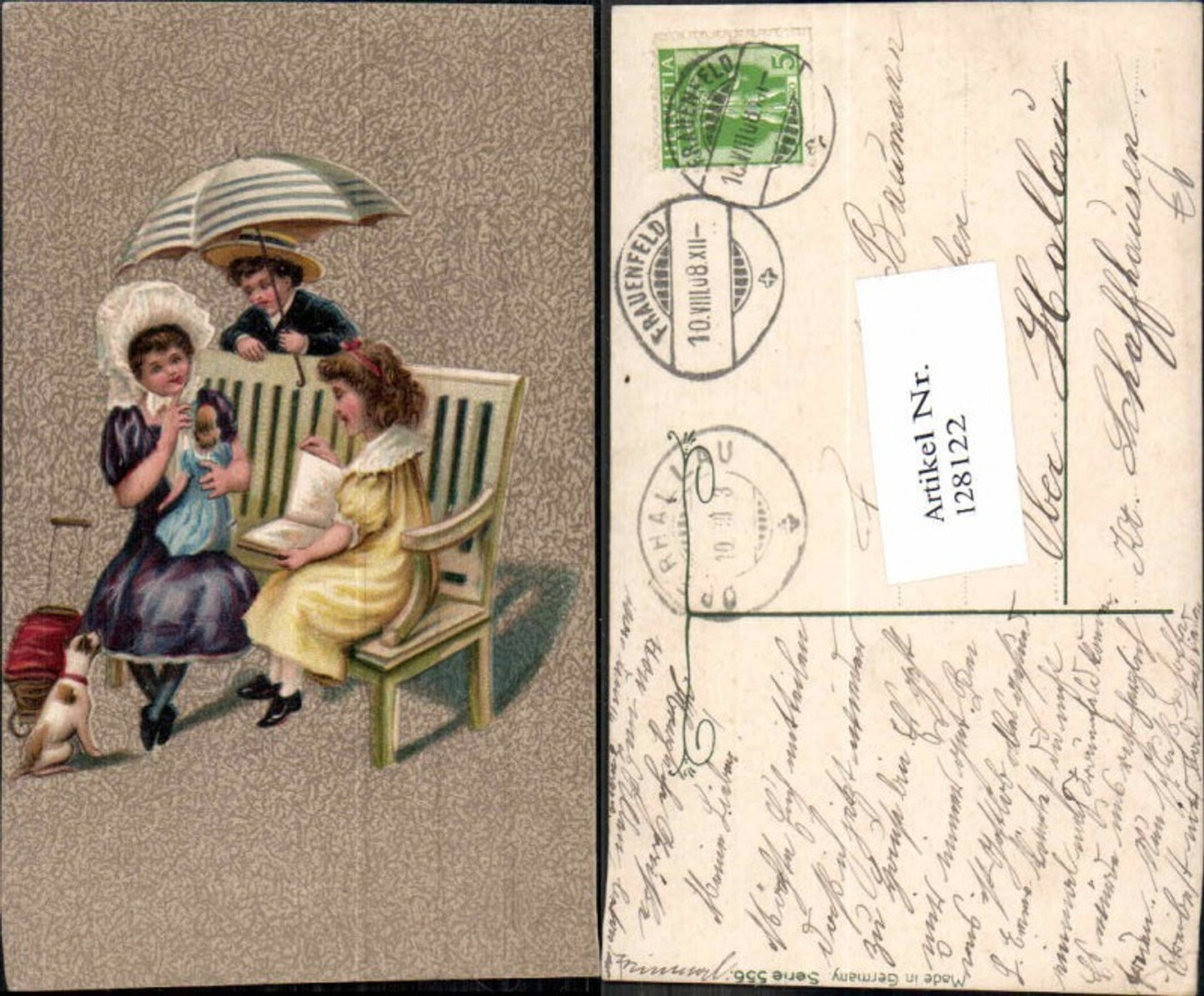 128122,Süsse Kinder m. Schirm und Hund Bank