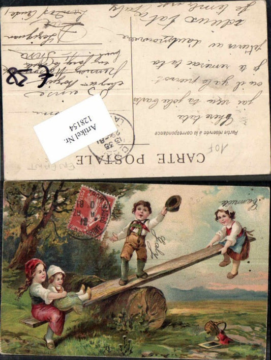 128154,Süsse Künstlerkarte Kinder auf Wippe 1910