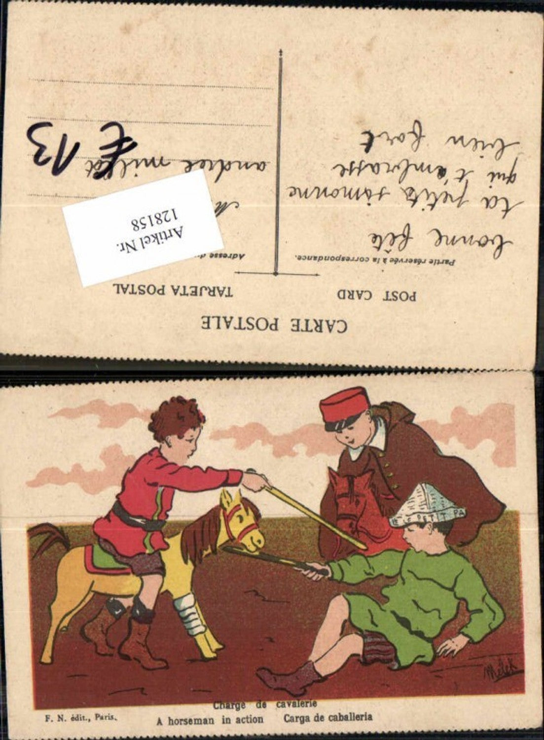 128158,Kinder beim spielen Reiter m. Schaukelpferd sign. Melek