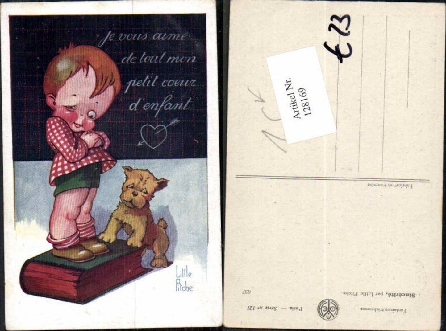 128169,Little Pitche sign. Süsse Künstlerkarte Kind Hund Buch