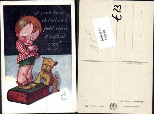 128169,Little Pitche sign. Süsse Künstlerkarte Kind Hund Buch