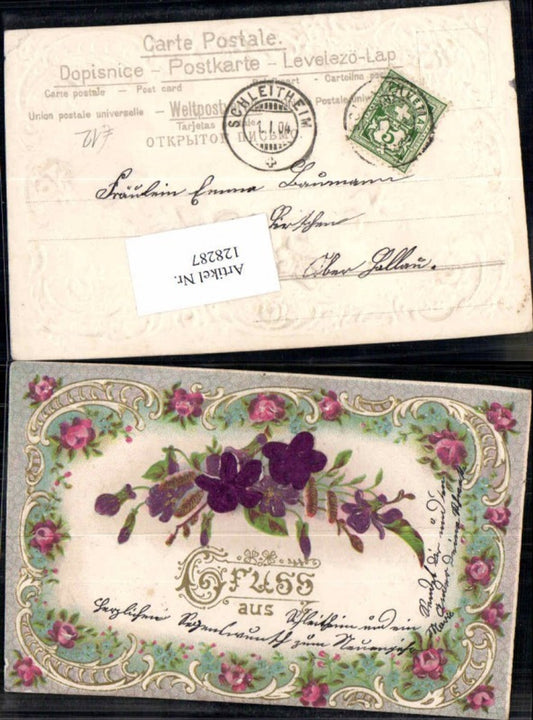 128287,Tolle Präge Litho Seiden Applikation Seiden AK Gruss aus Blumen Rosen 1903