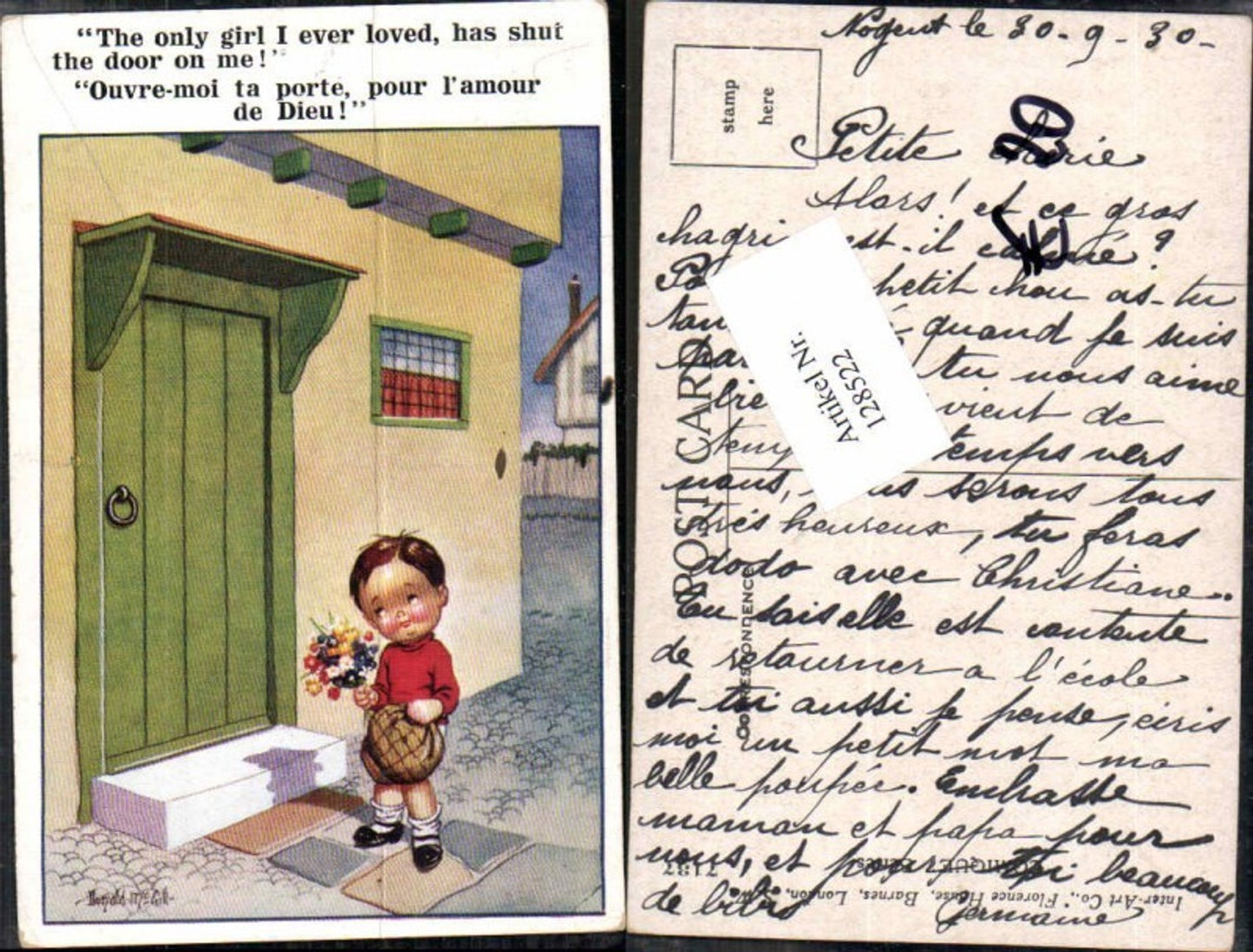 128522,Donald McGill Mc Gill Süsse KInder AK Junge Blumen leutet Haustür