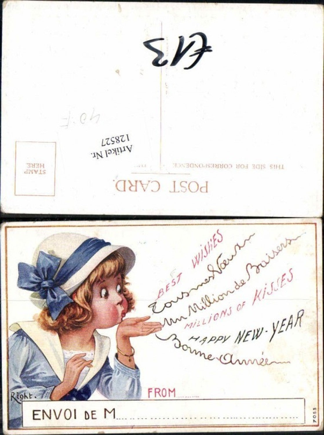 128527,Tolle Künstler AK Kind Mädchen m. Hut schickt Kuss sign. Right