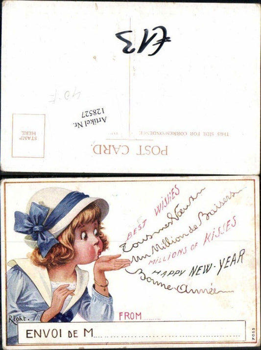 128527,Tolle Künstler AK Kind Mädchen m. Hut schickt Kuss sign. Right