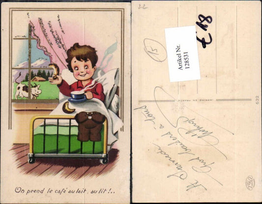 128531,Applikation Junge im Bett Frühstück Kuh lacht draussen