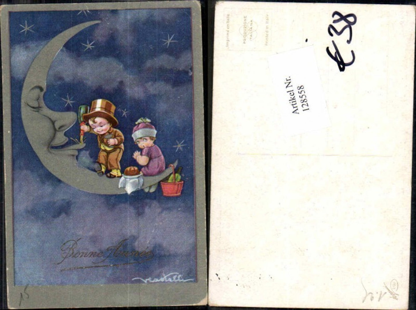 128558,Tolle AK Kinder sitzen auf Mond Mondsichel Sterne Bub gibt Mond Sekt und Kuchen Verdelli sign