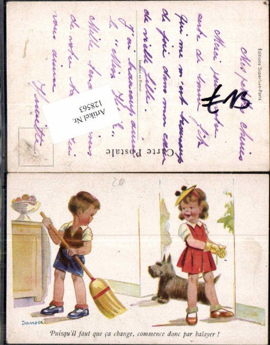 128563,Schöne Künstler AK Kinder Hund Junge beim kehren m. Besen sign. Janser