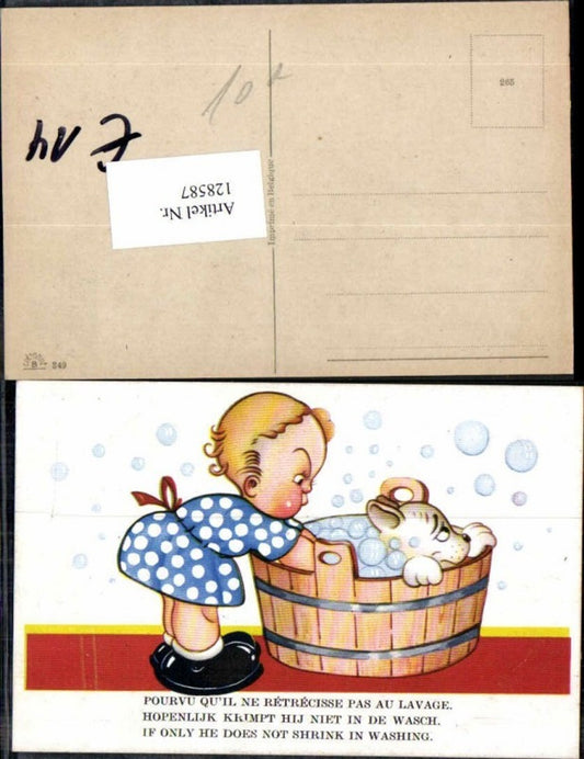 128587,Achille Mauzan  unsign. Tolle Künstler AK Kind Mädchen badet Hund badewanne