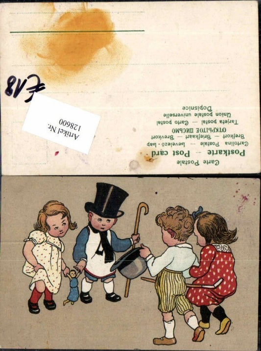 128600,Tolle Künstler AK Süsse Kinder m. Puppe Hut Zylinder Golfschläger Golf