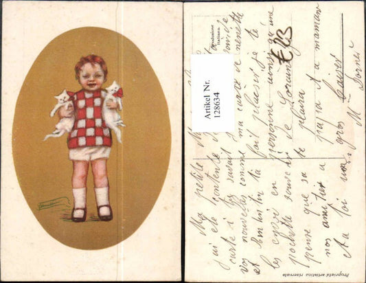 128634,Italienische Künstler AK Kind m. Katzen