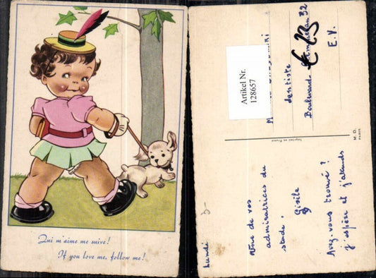 128657,Süsse Kinder AK Mädchen im wald mit Hund Hut