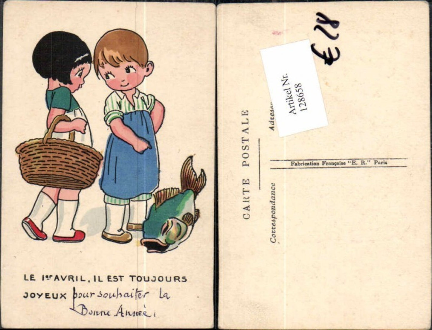 128658,Süsse Kinder AK Fisch Mädchen Junge Korb Fischer