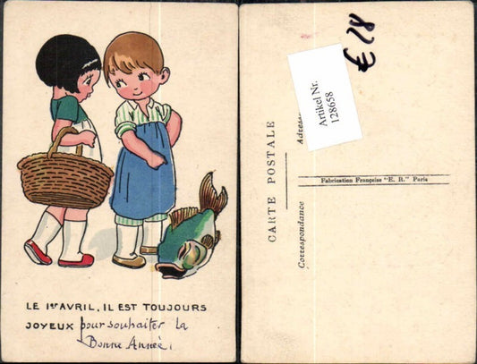 128658,Süsse Kinder AK Fisch Mädchen Junge Korb Fischer