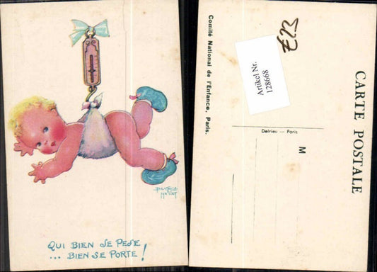 128668,Süsse Künstler AK Beatrice Nallet Mallet Mädchen Baby auf Waage hängt droben
