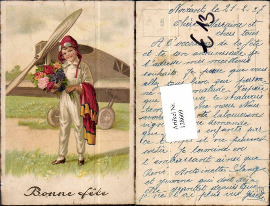 128669,Tolle AK Kind als Pilot m. Flugzeug im Hintergrund