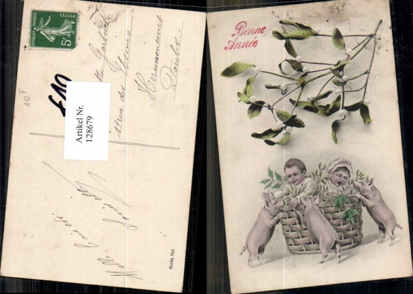 128679,Neujahr Tolle AK Kinder in Korb Ferkel