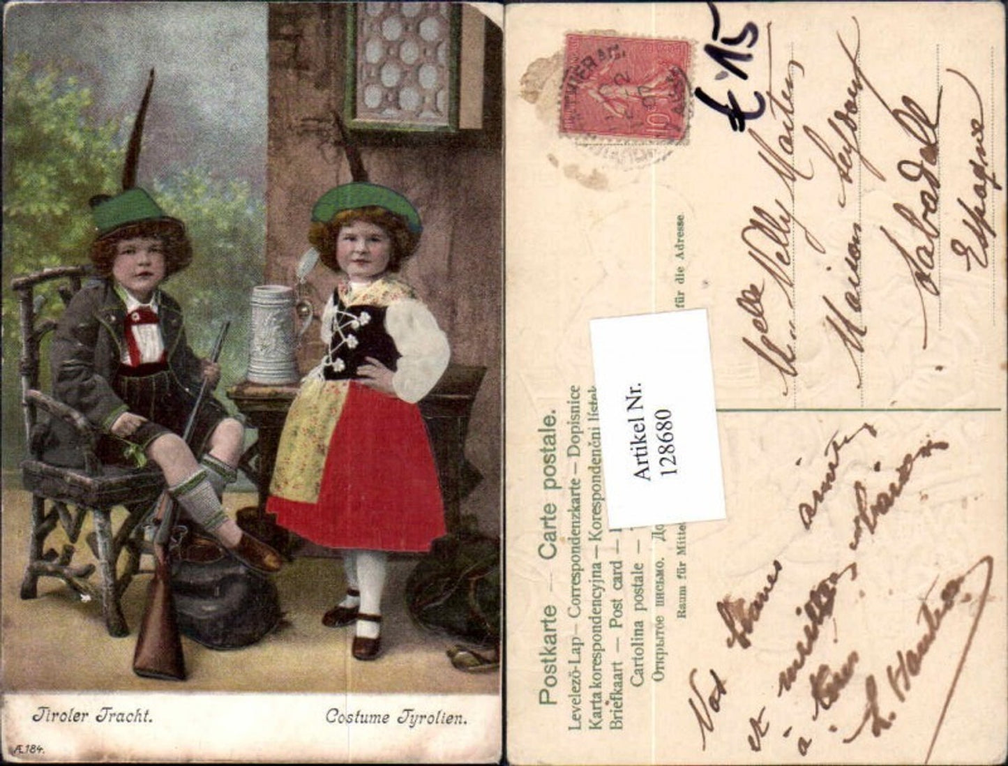 128680,Tolle Präge AK Kind als Jäger Gewehr Tracht Bier Bierkrug Applikation