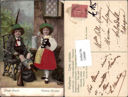 128680,Tolle Präge AK Kind als Jäger Gewehr Tracht Bier Bierkrug Applikation